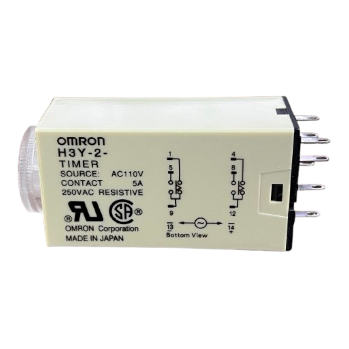 An Omron H3Y-2 AC timer relay with a beige plastic housing, black printed text and diagrams, and silver metal terminals on the side, shown on a white background.