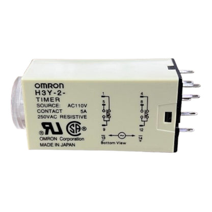 An Omron H3Y-2 AC timer relay with a beige plastic housing, black printed text and diagrams, and silver metal terminals on the side, shown on a white background.