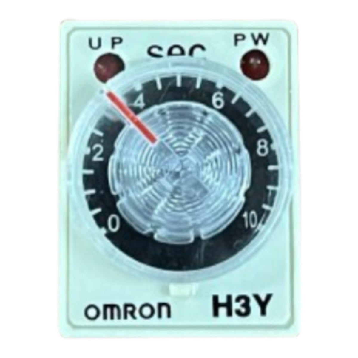 An Omron H3Y mechanical timer switch with a white plastic casing, a black dial face, a clear protective cover, and a red pointer needle.