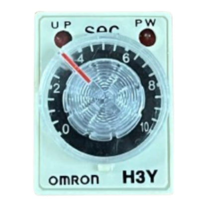 An Omron H3Y mechanical timer switch with a white plastic casing, a black dial face, a clear protective cover, and a red pointer needle.