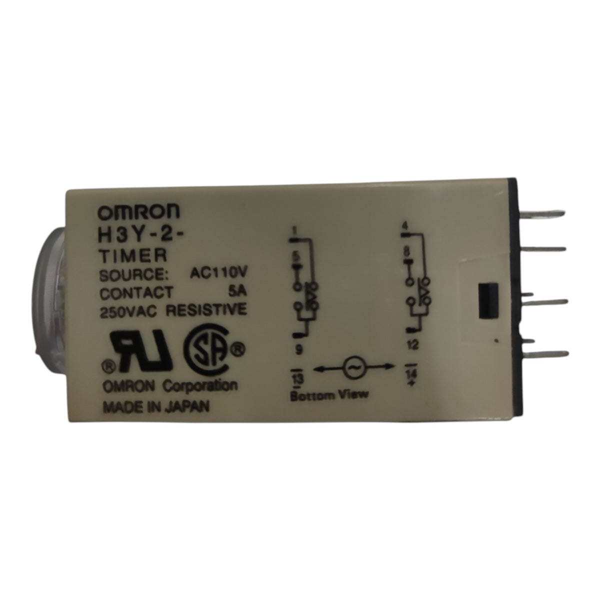 An Omron H3Y-2 timer contact relay with a beige plastic housing, black printed technical specifications and wiring diagrams, and a silver metal core on one end, shown against a plain white background.