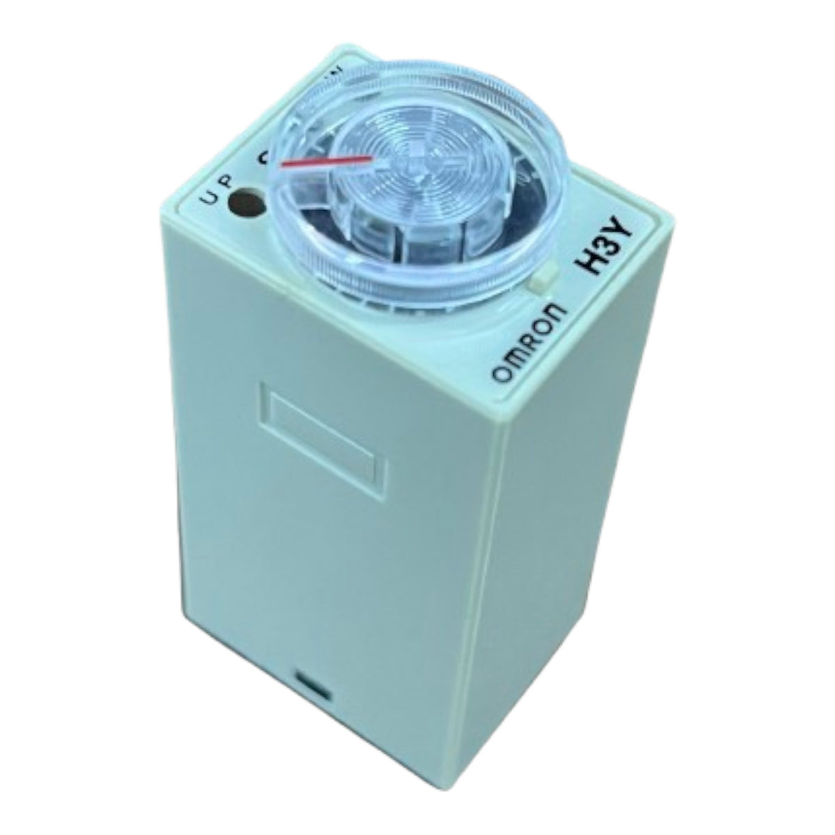 An Omron H3Y electronic component with a pale mint green body, a clear plastic dial on top, and black printed text on the side, shown against a plain white background.