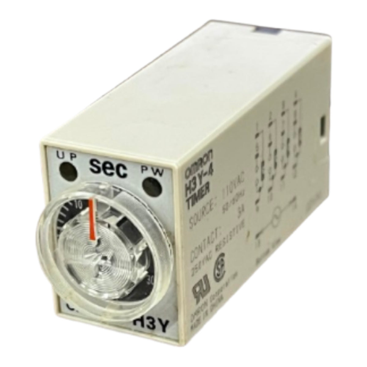 A Omron H3Y-6 analog timer relay with a beige plastic housing, a clear circular dial window showing a black and red needle, and printed technical specifications on the side.