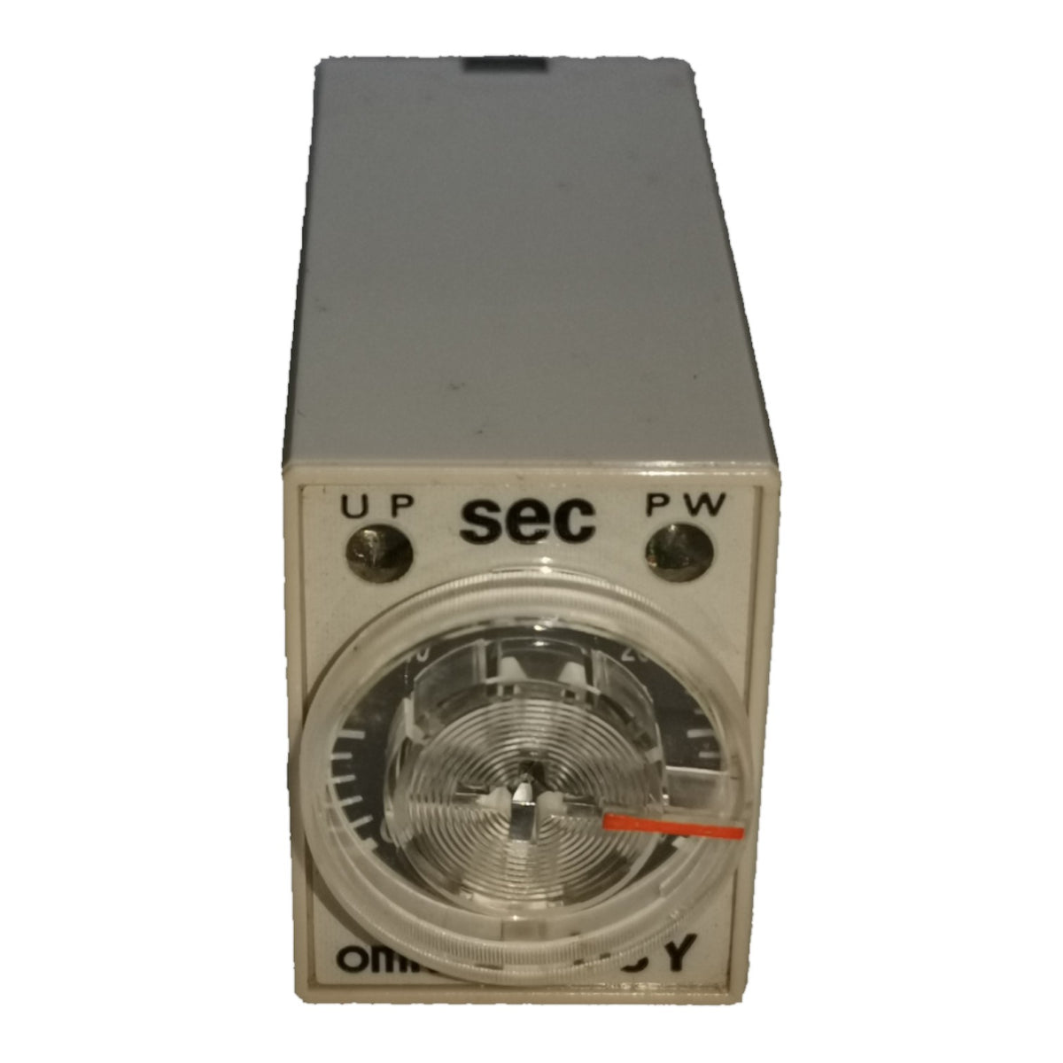 An industrial analog timer relay with a gray metal housing, featuring a circular dial with a clear cover, a red pointer needle, and terminal labels 'UP', 'sec', and 'PW'.