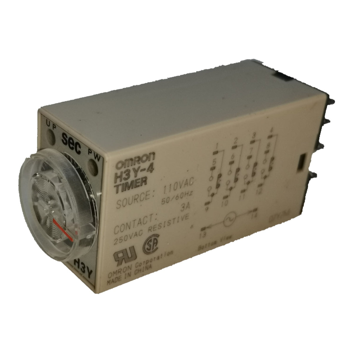 An Omron H3Y-4 Timer relay module with a beige plastic housing, a clear circular dial window showing a pointer, and printed technical specifications and contact diagrams on the side.