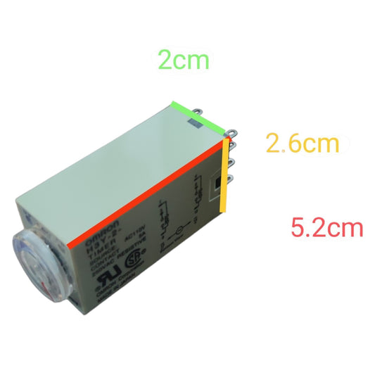 A small rectangular electronic component with a gray body, orange stripe, and multicolored side markings, shown on a white background with green, yellow, and red dimension labels reading 2cm, 2.6cm, and 5.