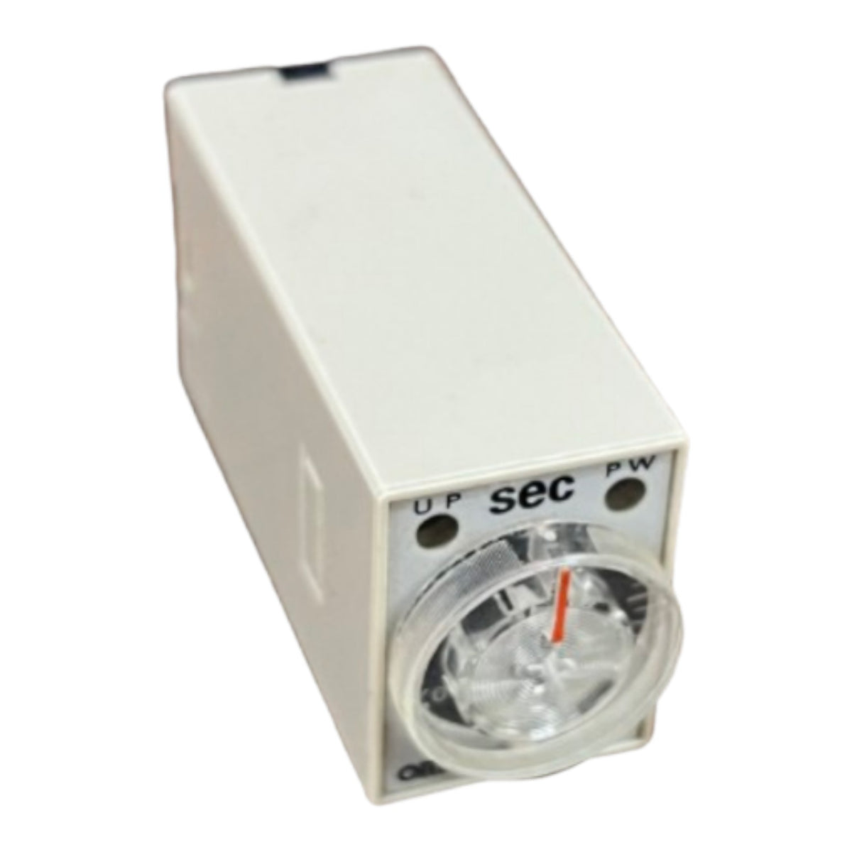 A white industrial electronic timer module with a front dial, labeled 'UP sec PW' and featuring a clear protective cover over the adjustment knob.