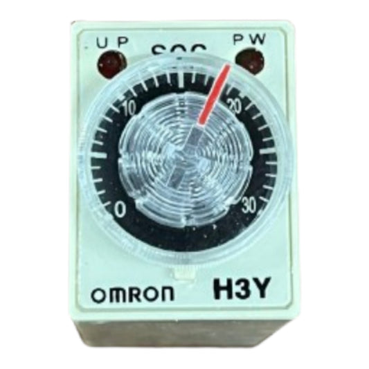 An Omron H3Y analog timer relay with a white plastic casing, a black and white dial with a red pointer, and red indicator lights on a white background.