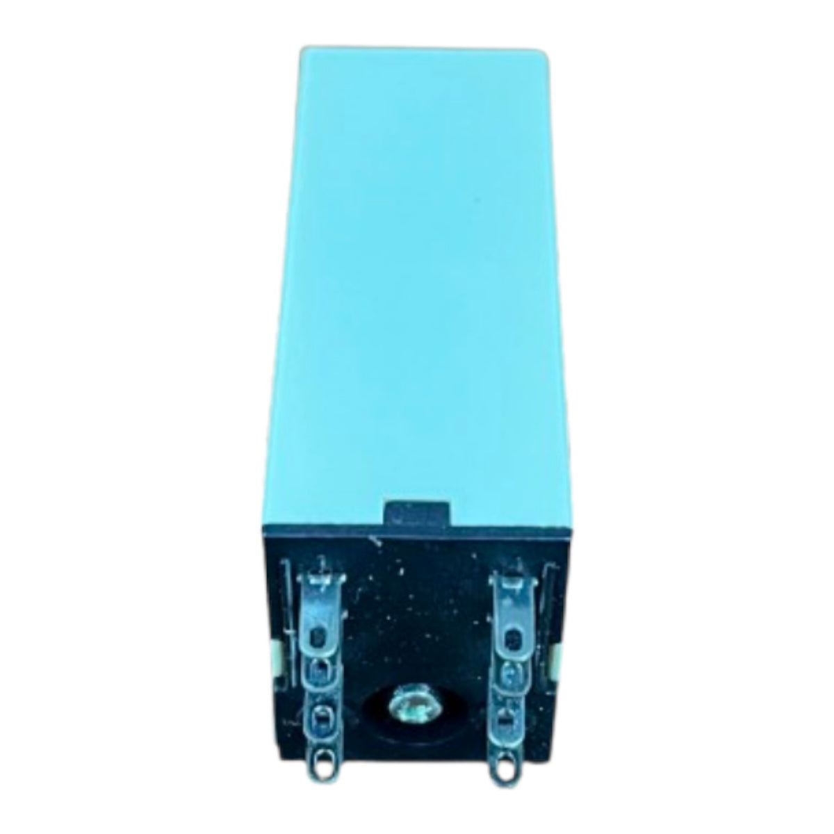 A rectangular electronic component or battery with a light blue top casing and a black bottom base featuring metal terminal posts, shown against a plain white background.