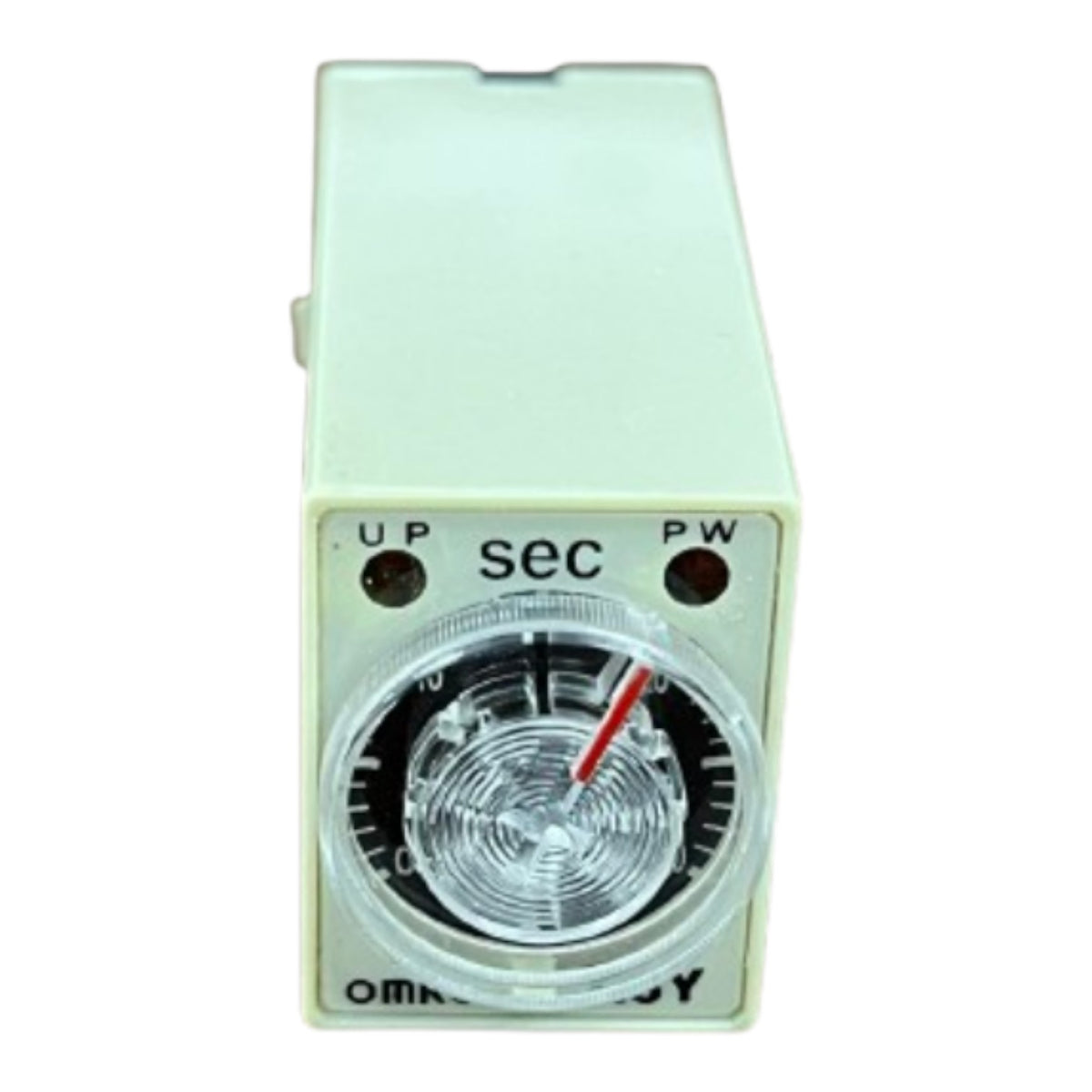 An Omron programmable timer relay with a beige plastic housing, featuring a central clear dial with a red pointer and black markings, on a white background.