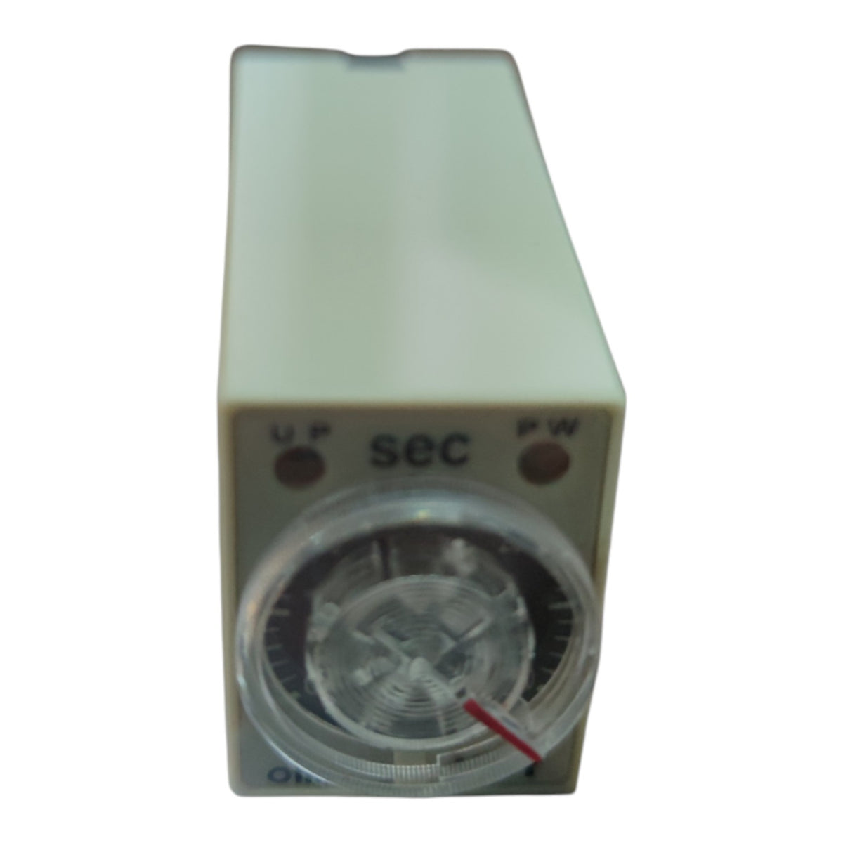 A small rectangular electronic timer or pump control unit with a beige plastic housing, a clear circular dial window, and red indicator lights on a white background.