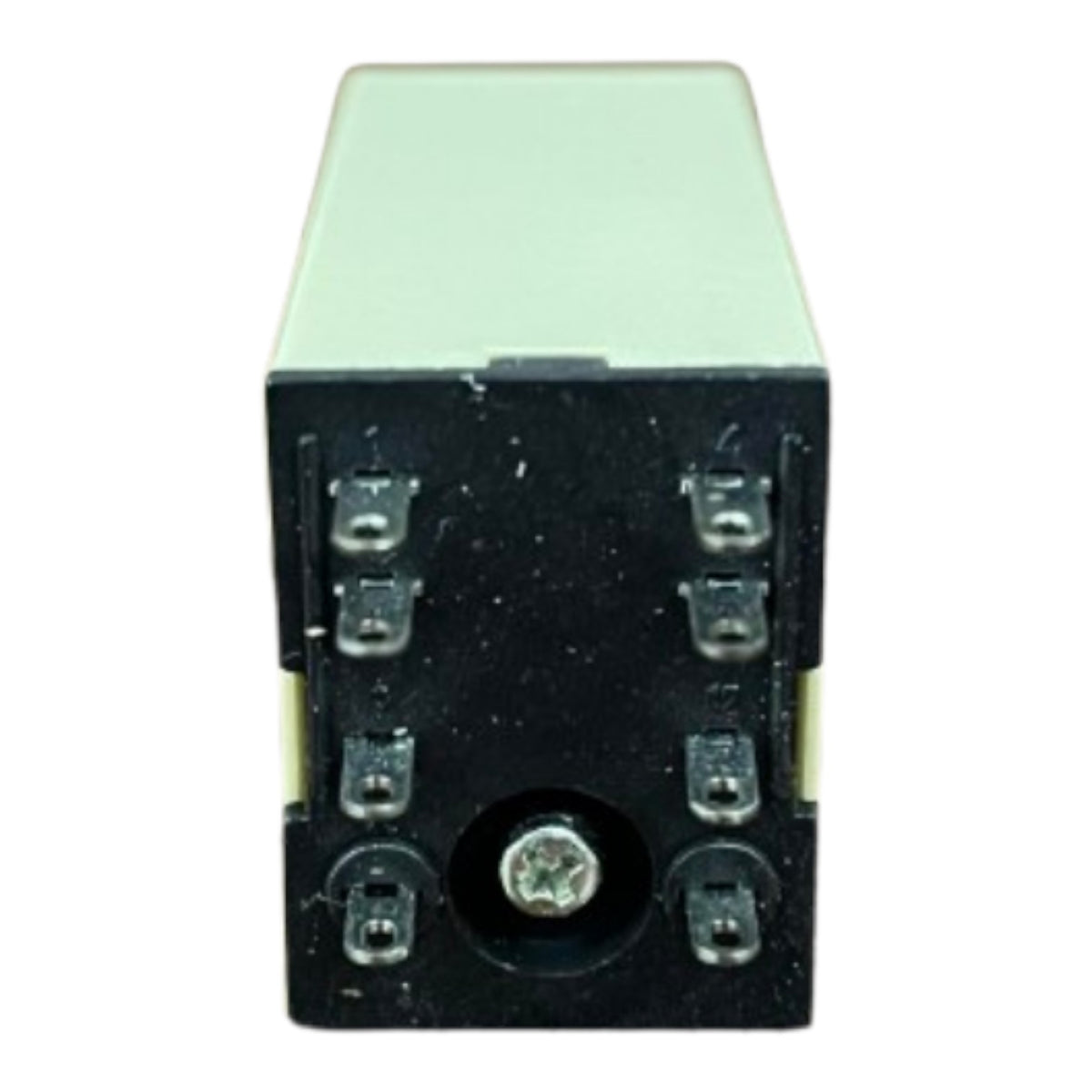 A small rectangular electronic component with a black front face, six silver screw terminals, and a pale mint-green top cover, shown on a plain white background.