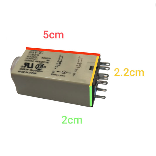 An Omron contact timer relay with dimension annotations showing 5cm length, 2.2cm width, and 2cm height on a plain white background.