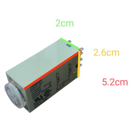 A small rectangular electronic component with a light gray body, silver metal leads, and a clear lens on one end, shown on a white background with overlaid dimension labels reading 2cm, 2.6cm, and 5.