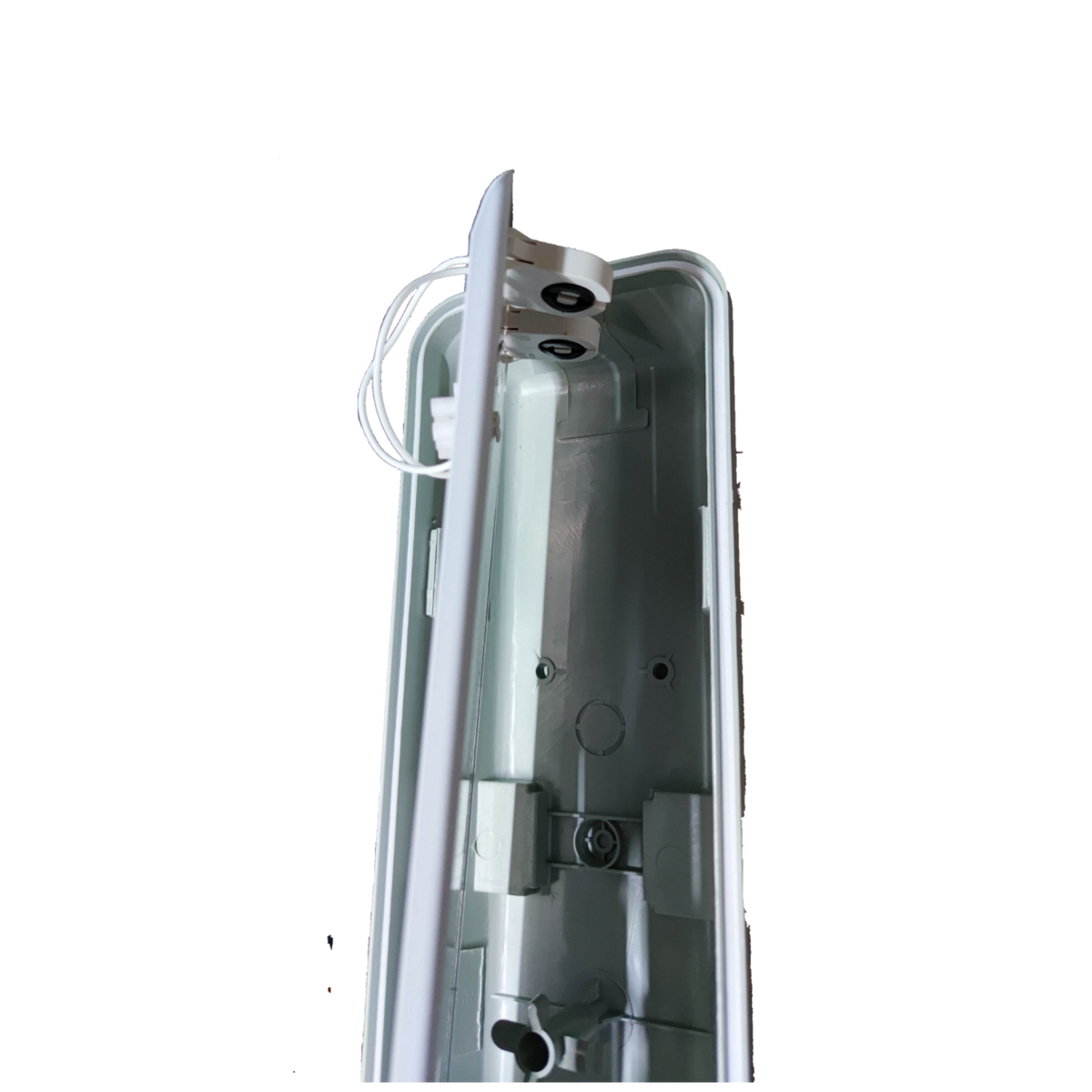 Interior view of Opple weatherproof LED fixture 2x18W showing wiring and mounting options