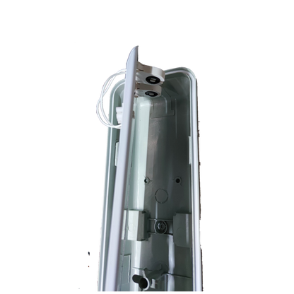 Interior view of Opple weatherproof LED fixture 2x18W showing wiring and mounting options