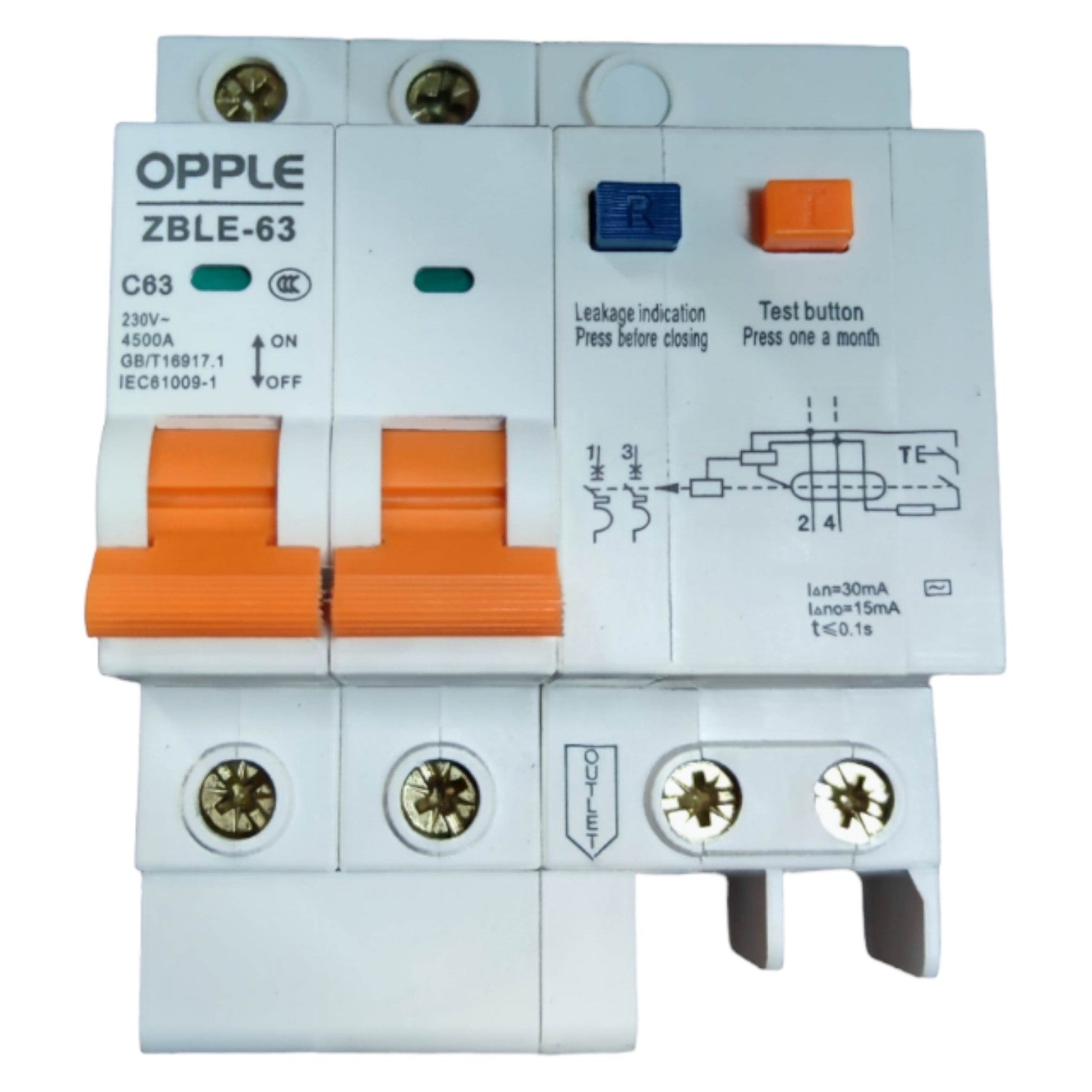 Electrical circuit breaker with orange and white components on a white background