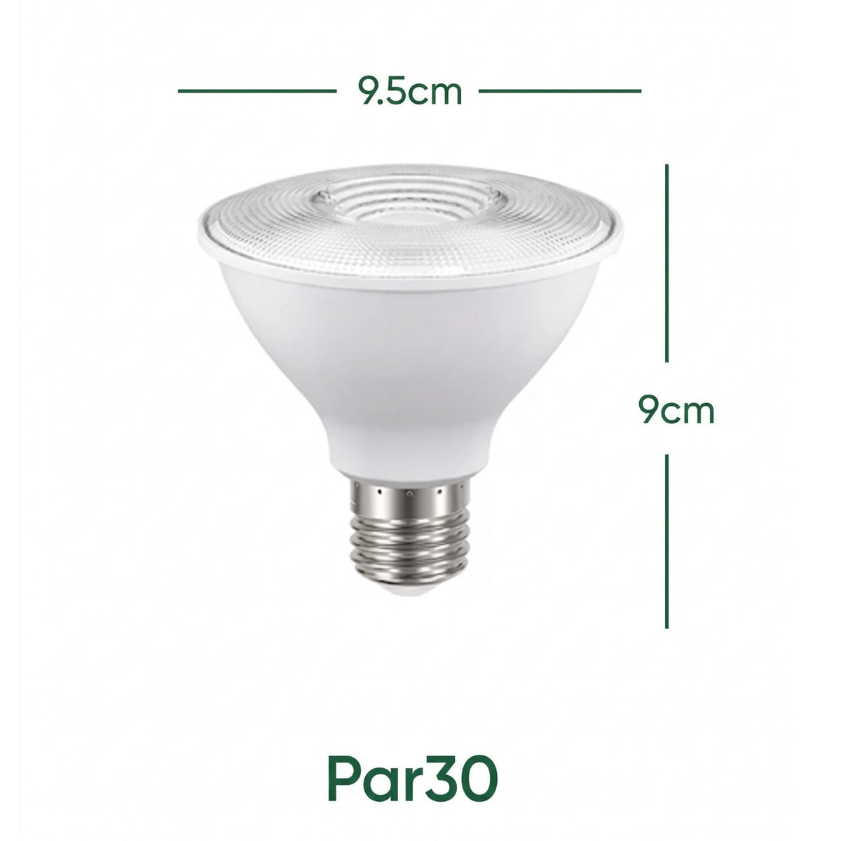 A white PAR30 LED parabolic light bulb with a silver E10 screw base, shown with green dimension lines indicating a height of 9cm, a top diameter of 9.5cm, and the model name 'Par30' at the bottom.