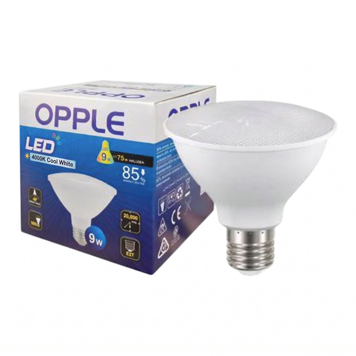 An LED PAR30 spotlight bulb shown next to its retail packaging box. The bulb is white with a silver screw base, and the box is blue and white with the brand name 'OPPLE' visible.