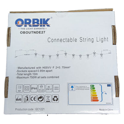 Orbik String Lights E27 1W LED Warm White 30 Feet 220V Weather Proof OBOUTNDE27 10 Sockets with 1W LED Warm White