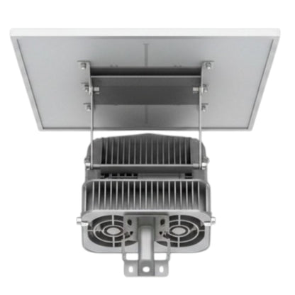 A silver metal electronic cooling unit with two fans and a rectangular mounting plate suspended above it by brackets, shown on a plain white background.