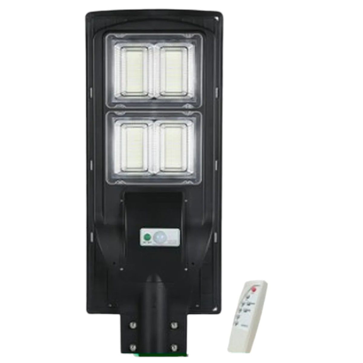 Black solar street light with integrated LED panels and a separate white remote control, shown on a plain white background.
