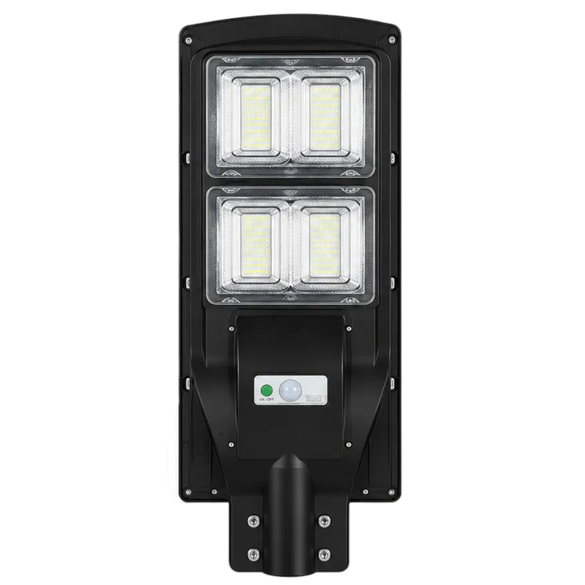 A black solar-powered LED street light with a dual 4x2 LED array, featuring a motion sensor panel on the front and a mounting bracket at the bottom, shown against a plain white background.