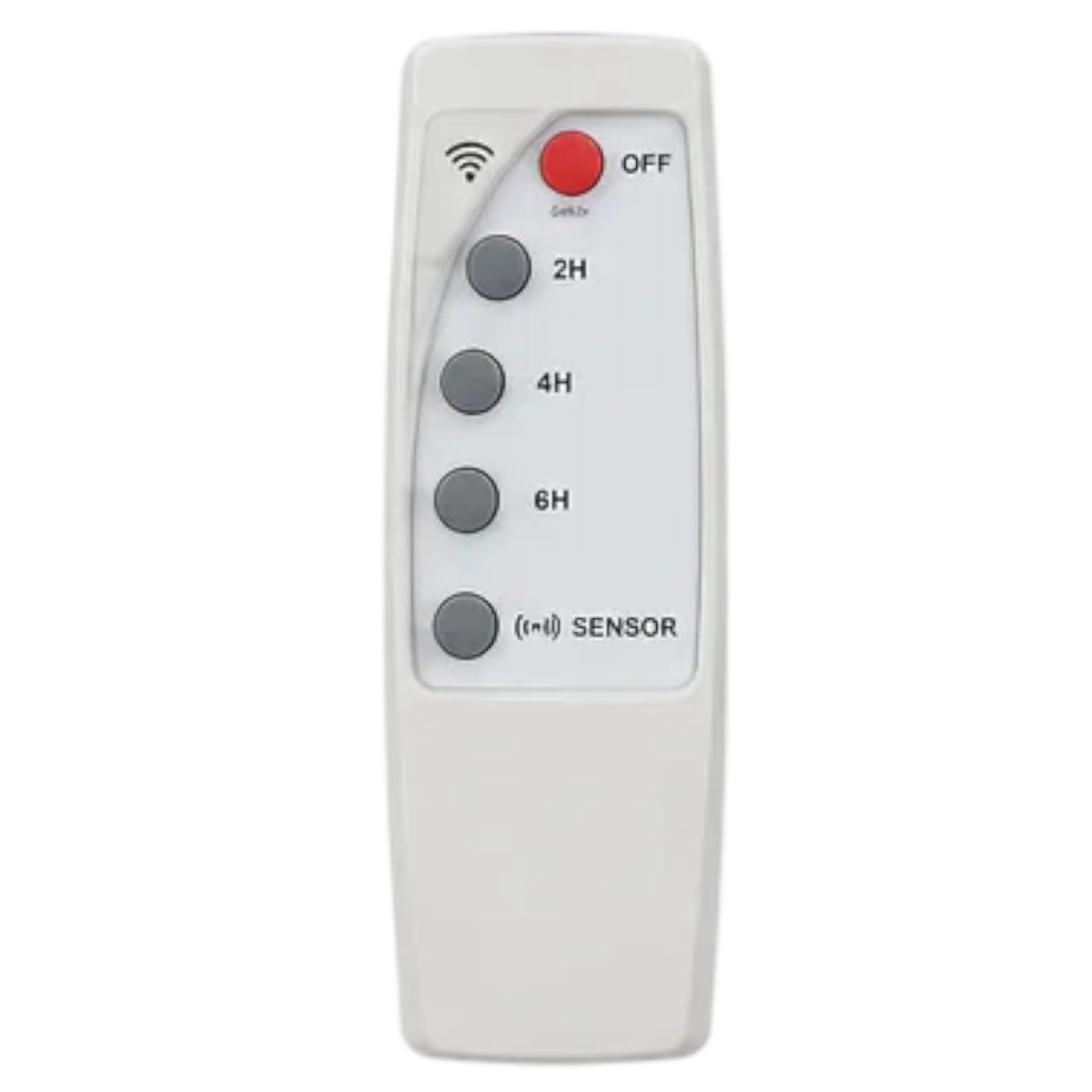A white rectangular remote control with a vertical layout, featuring a red power button labeled OFF, four gray buttons for 2H, 4H, 6H, and SENSOR, on a plain white background.