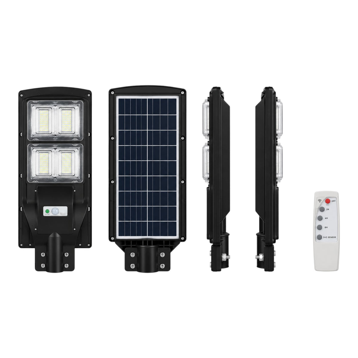 A set of solar-powered outdoor street lights shown from multiple angles, including a front view with two LED arrays, a side view showing the solar panel, a rear view, and a separate white remote control on a plain white background.