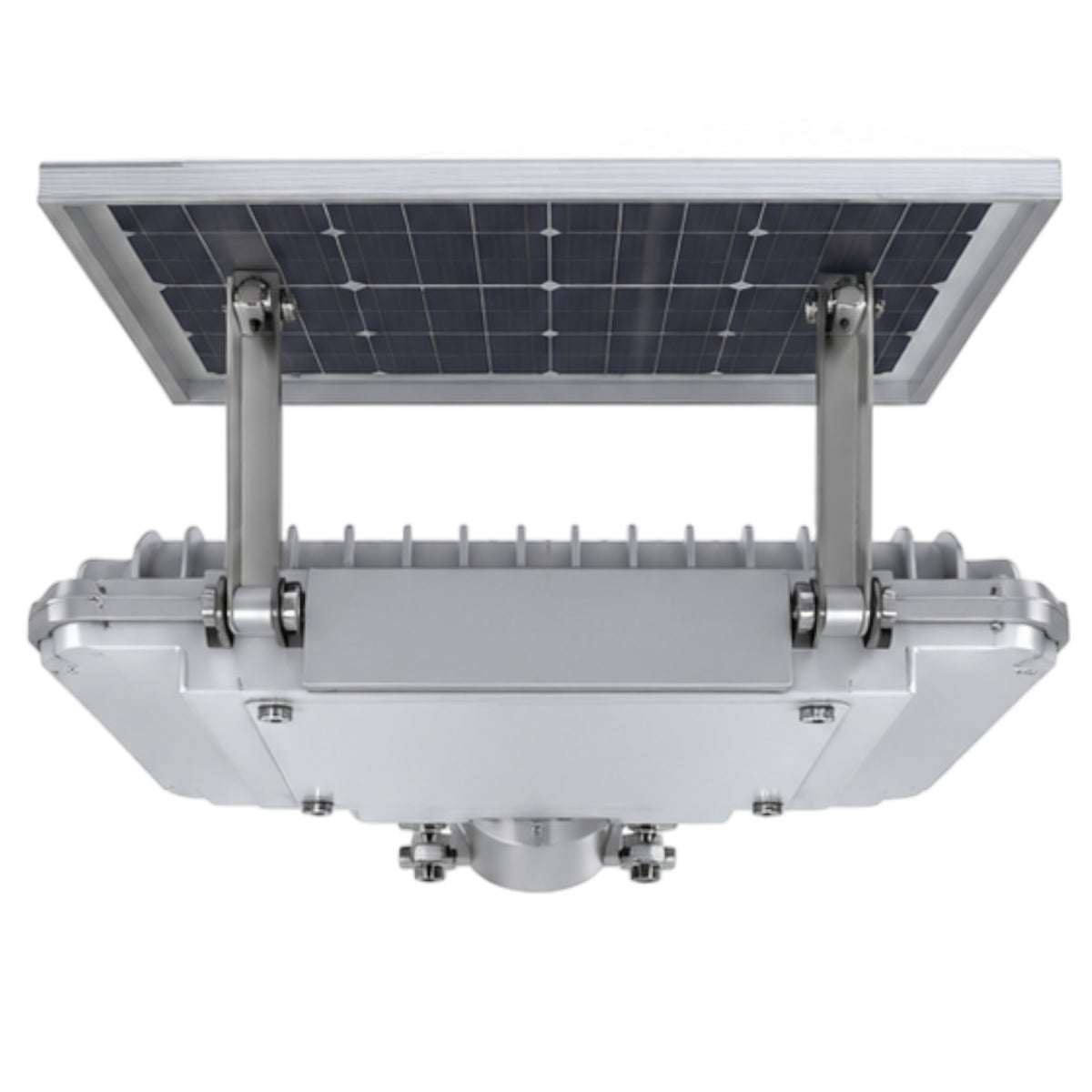 A solar-powered LED street light with an integrated rectangular solar panel mounted above a large silver metal housing, shown against a plain white background.