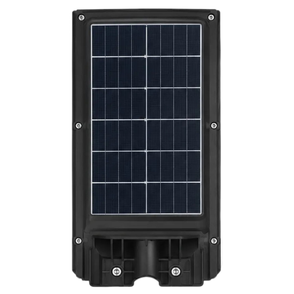 A vertical solar-powered street light fixture with a large dark blue solar panel on a black housing, shown against a plain white background.