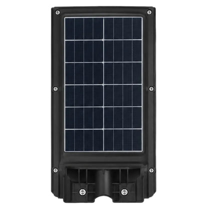 A vertical solar-powered street light fixture with a large dark blue solar panel on a black housing, shown against a plain white background.