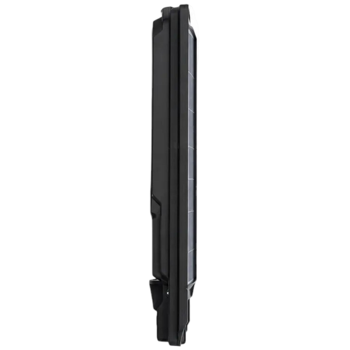 A slim black solar panel or solar energy device shown in a side profile view against a plain white background.