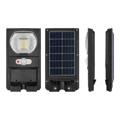A solar-powered LED street light shown from multiple angles on a plain white background. The front view shows the light head with a clear lens, a red and white control button, and a central sensor.
