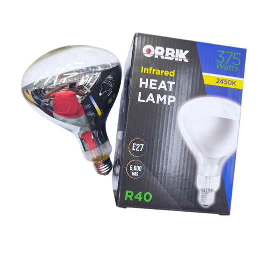 Orbik infrared heat lamp with packaging on a white background