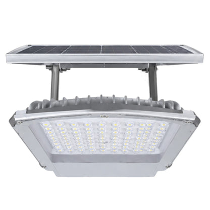 A solar-powered LED street light with a rectangular solar panel mounted above the main light housing on a white background.