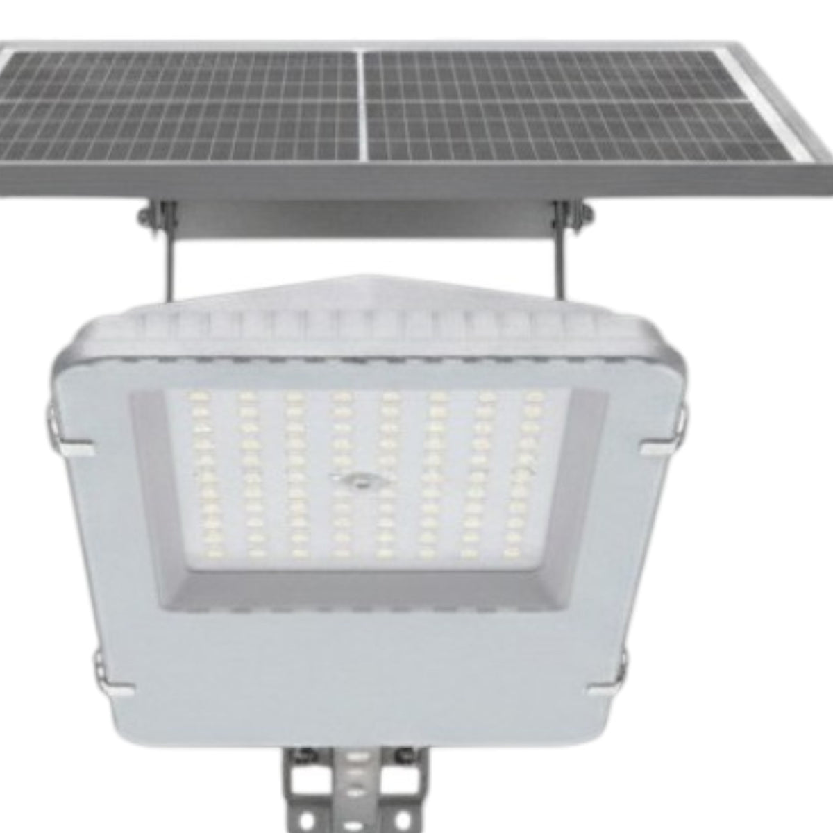 A solar-powered LED street light with a white housing and a dark solar panel mounted above it, shown against a plain white background.
