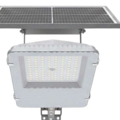 A solar-powered LED street light with a white housing and a dark solar panel mounted above it, shown against a plain white background.