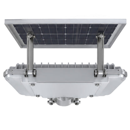 A solar-powered LED street light with an integrated rectangular solar panel mounted above a large silver metal housing, shown against a plain white background.