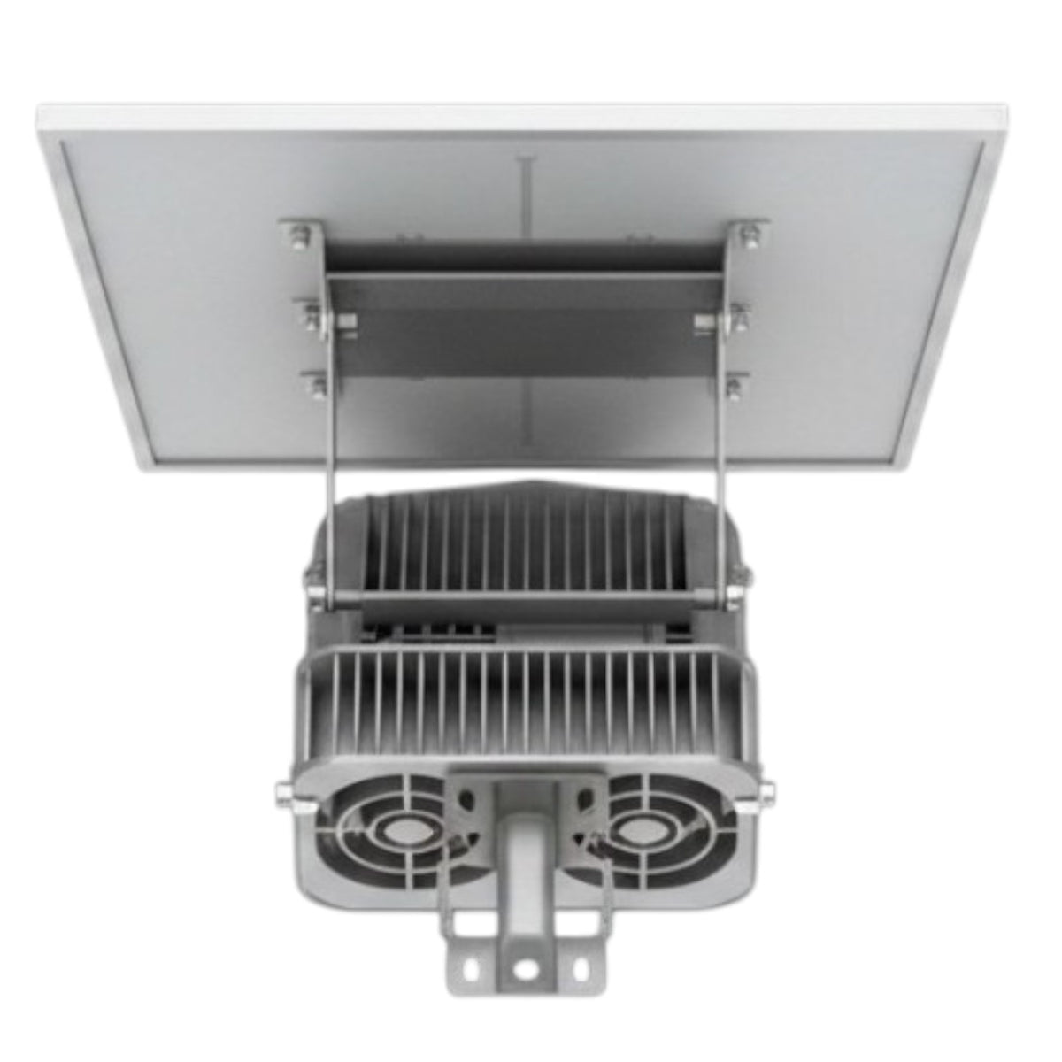 A silver metal electronic cooling unit with two fans and a rectangular mounting plate suspended above it by brackets, shown on a plain white background.