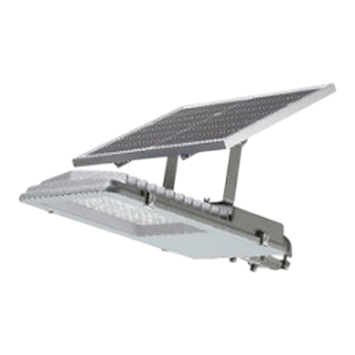A solar-powered LED street light with an angled dark solar panel mounted above a long rectangular light housing on a white background.