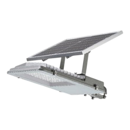 A solar-powered LED street light with an angled dark solar panel mounted above a long rectangular light housing on a white background.
