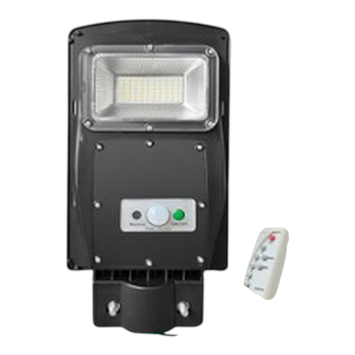 Black solar LED street light with a remote control, shown on a plain white background.