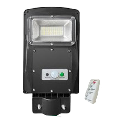 Black solar LED street light with a remote control, shown on a plain white background.