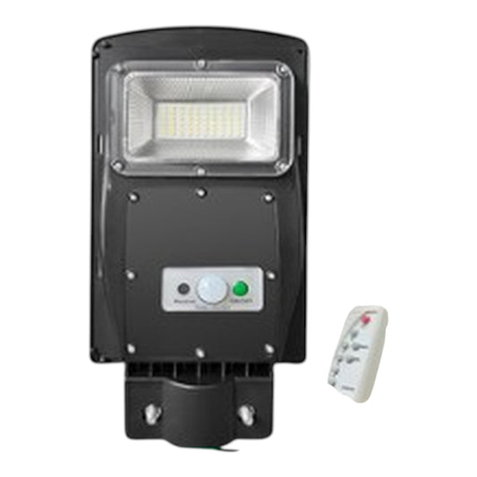 Black solar LED street light with a remote control, shown on a plain white background.