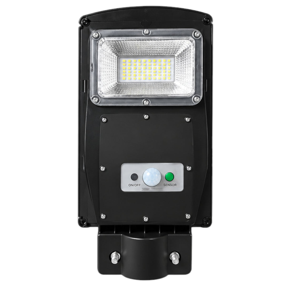Black solar-powered outdoor LED street light with a motion sensor, featuring a large rectangular LED panel and a control panel with on/off and unlock buttons, shown on a white background.