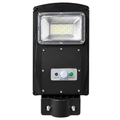 Black solar-powered outdoor LED street light with a motion sensor, featuring a large rectangular LED panel and a control panel with on/off and unlock buttons, shown on a white background.