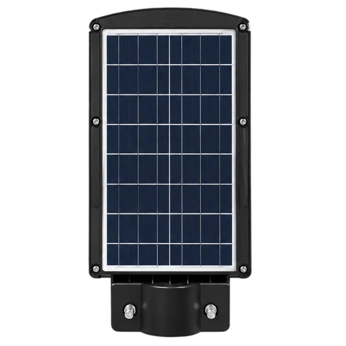 A solar-powered outdoor light fixture with a rectangular dark blue solar panel enclosed in a black metal frame, mounted on a black bracket against a plain white background.
