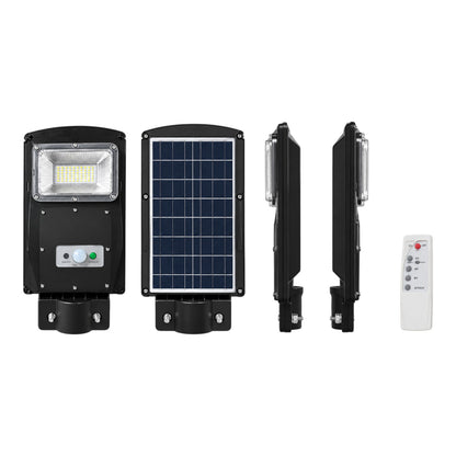 Solar LED outdoor light fixture shown from multiple angles with a white remote control, on a plain white background.