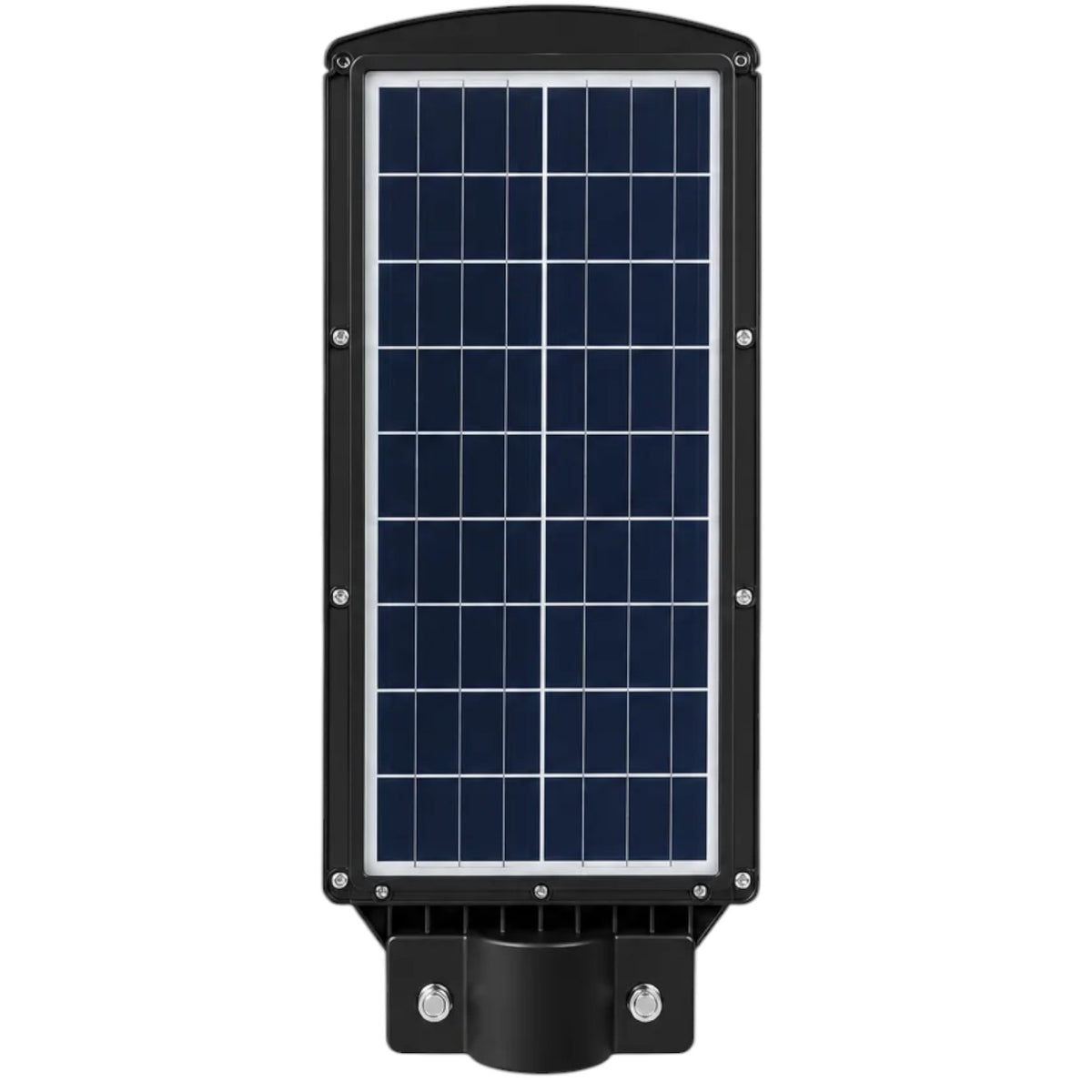 A vertical solar-powered street light fixture with a large dark blue solar panel on a black housing, shown against a plain white background.
